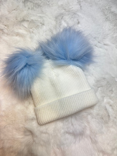 Boys' Soft Cream Winter Hat With Light Blue Fur Pom Pom's