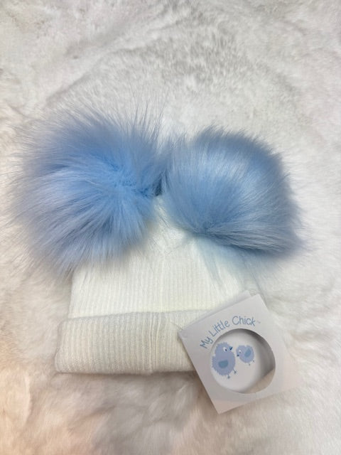 Boys' Soft Cream Winter Hat With Light Blue Fur Pom Pom's