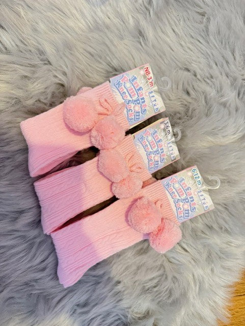 Pink Knee High Pom Pom Socks - Girls